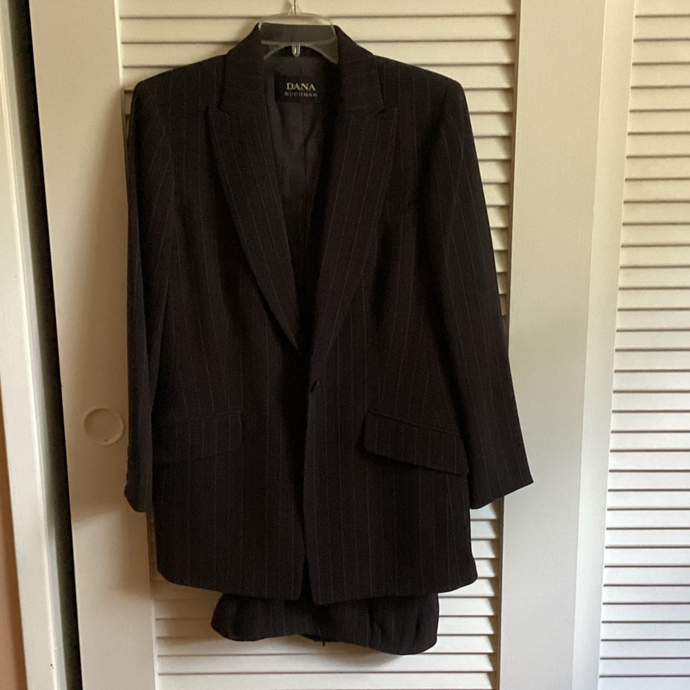 Women’s brown and light blue pinstripe blazer and pant to match.